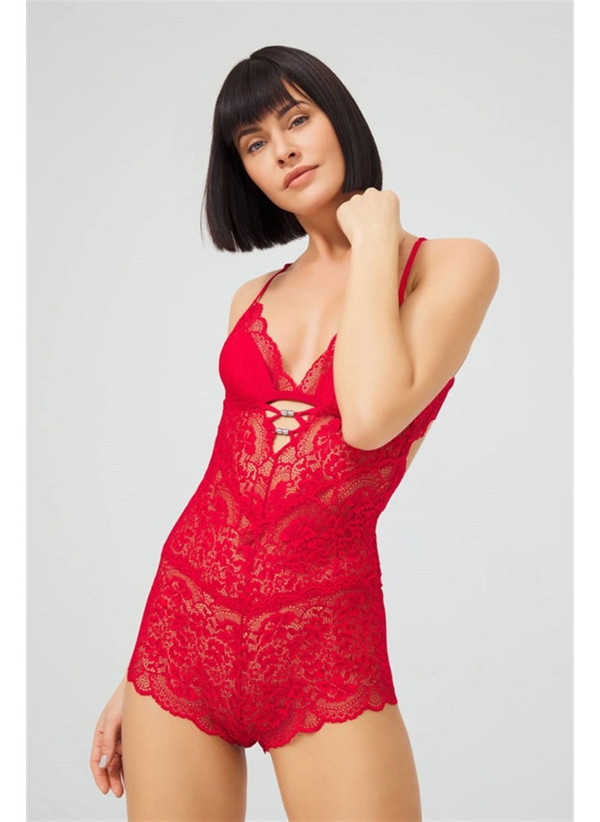 COTTONHILL Red Studs, Low-cut Back, Transparent Covered Lace Bodysuit  - Image 3