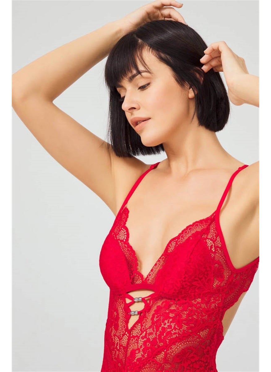 COTTONHILL Red Studs, Low-cut Back, Transparent Covered Lace Bodysuit  - Image 5