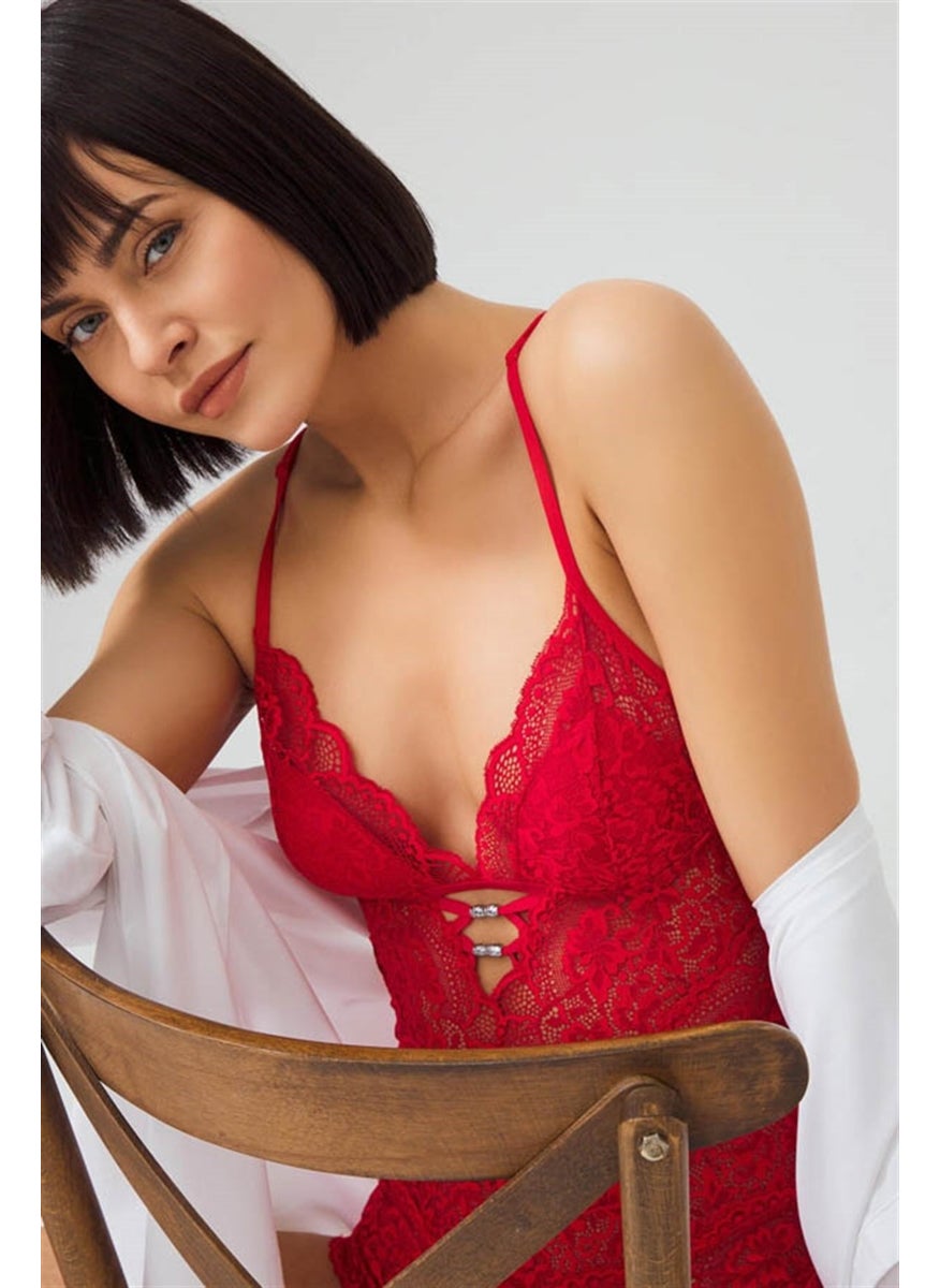 COTTONHILL Red Studs, Low-cut Back, Transparent Covered Lace Bodysuit  - Image 4