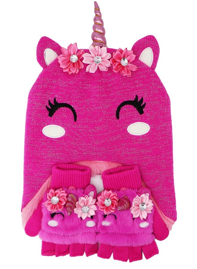 طقم قبعة وقفازات يونيكورن شتوية للبنات الصغيرات من نيو فانسي، قبعة محبوكة للأطفال مع غطاء للأذنين وقفازات قابلة للطي، لون وردي، مقاس واحد - Image 2