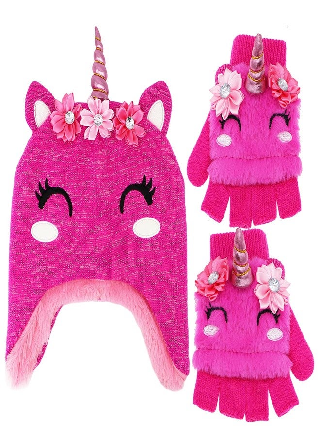 طقم قبعة وقفازات يونيكورن شتوية للبنات الصغيرات من نيو فانسي، قبعة محبوكة للأطفال مع غطاء للأذنين وقفازات قابلة للطي، لون وردي، مقاس واحد - Image 1