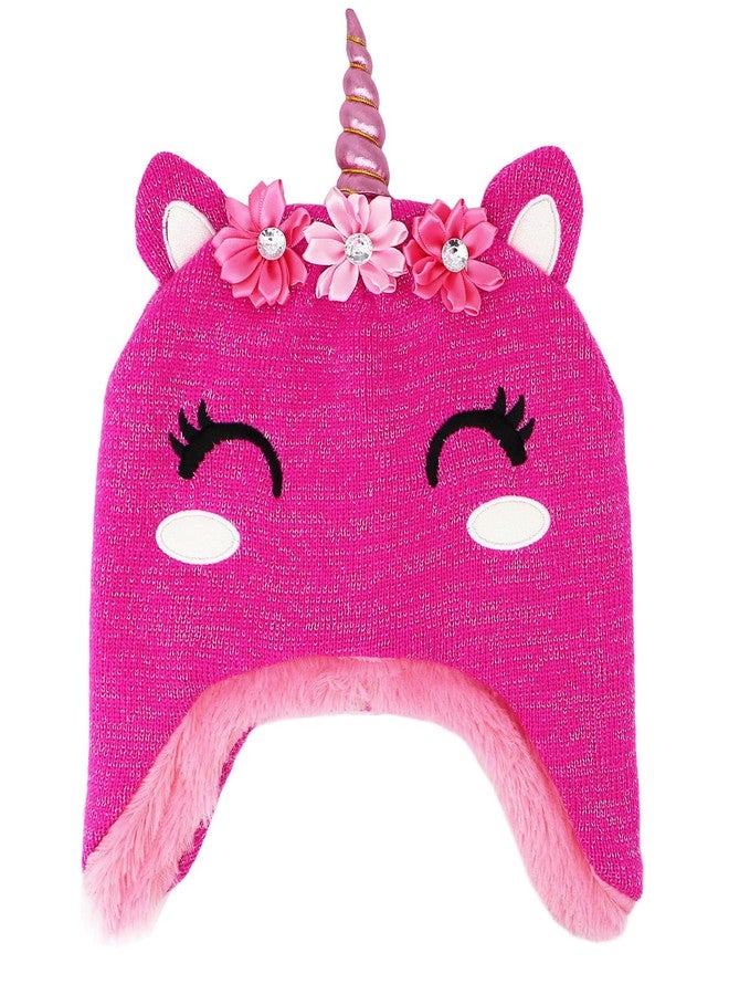 طقم قبعة وقفازات يونيكورن شتوية للبنات الصغيرات من نيو فانسي، قبعة محبوكة للأطفال مع غطاء للأذنين وقفازات قابلة للطي، لون وردي، مقاس واحد - Image 3