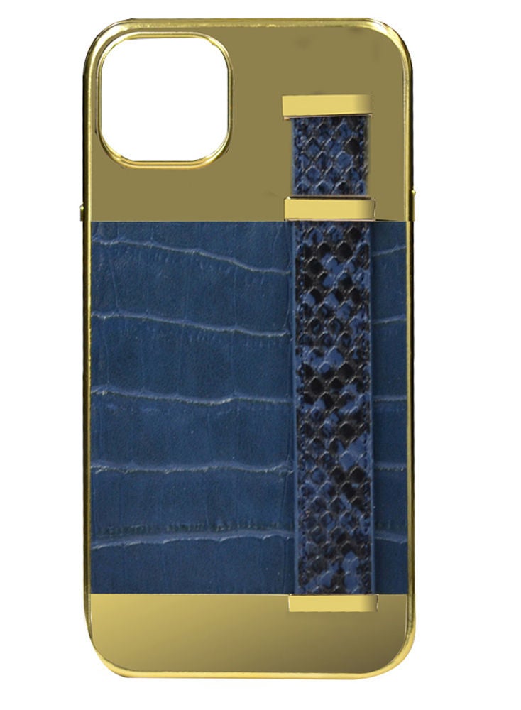 Perfect Gold Frame Croco Leather Back Grip Case Iphone 14 Plus Blue - Image 1