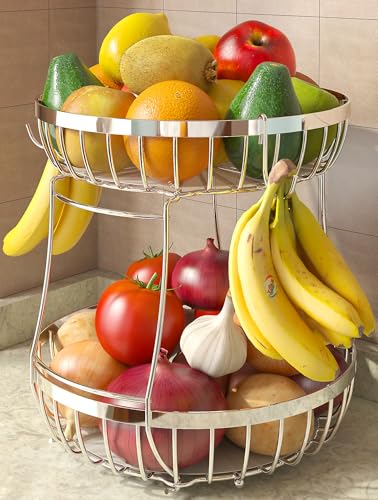Sevenblue 2 Tier Fruit Basket for Kitchen Counter with 2 Banana Hangers Metal Stackable Fruit Bowl for Kitchen Counter for Bread Vegetable Fruits Silvery - Image 1