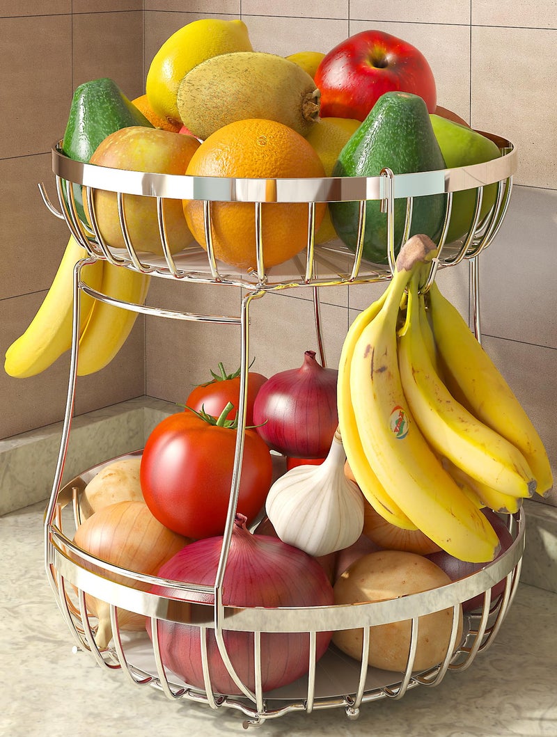 Sevenblue 2 Tier Fruit Basket for Kitchen Counter with 2 Banana Hangers Metal Stackable Fruit Bowl for Kitchen Counter for Bread Vegetable Fruits Silvery - Image 2