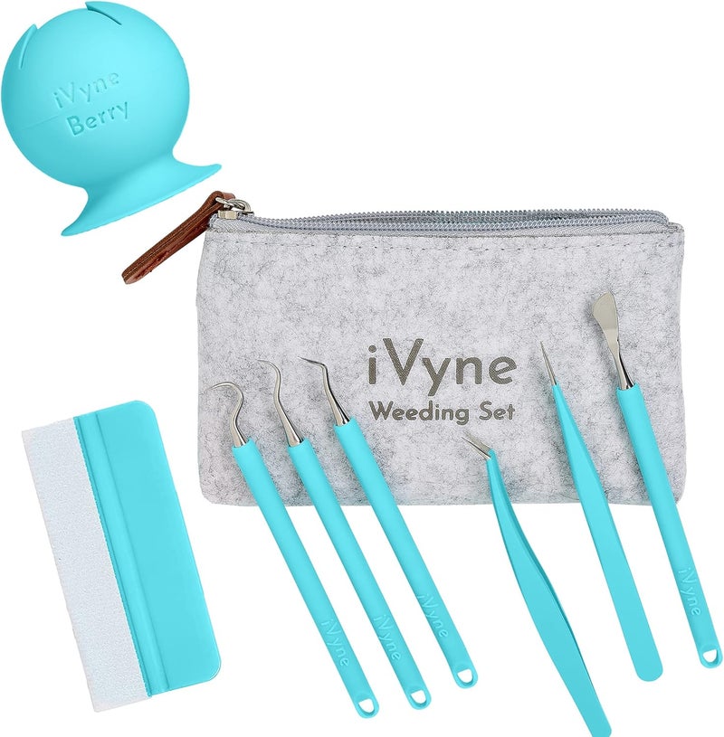 iVyne (8pcs) Premium Vinyl Weeding Tool Kit & Weeding Scrap Collector Soft Grip Tools with Berry, Weeder, Tweezers, Picker Or Hook, and Scraper Set for Silhouette Cameos & Cricut - Blue - Image 1