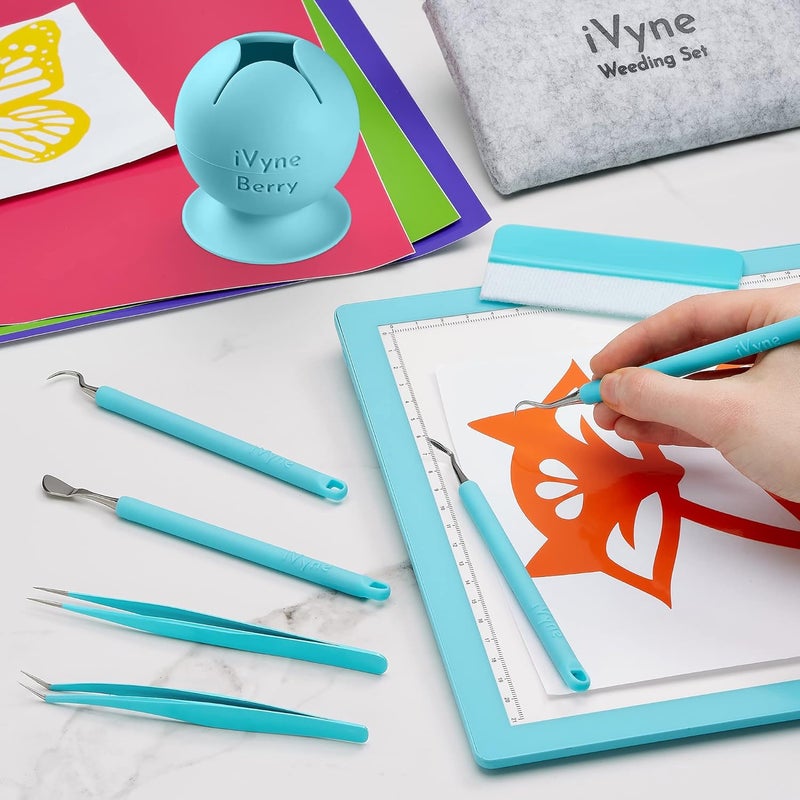 iVyne (8pcs) Premium Vinyl Weeding Tool Kit & Weeding Scrap Collector Soft Grip Tools with Berry, Weeder, Tweezers, Picker Or Hook, and Scraper Set for Silhouette Cameos & Cricut - Blue - Image 3