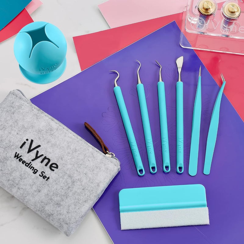 iVyne (8pcs) Premium Vinyl Weeding Tool Kit & Weeding Scrap Collector Soft Grip Tools with Berry, Weeder, Tweezers, Picker Or Hook, and Scraper Set for Silhouette Cameos & Cricut - Blue - Image 2