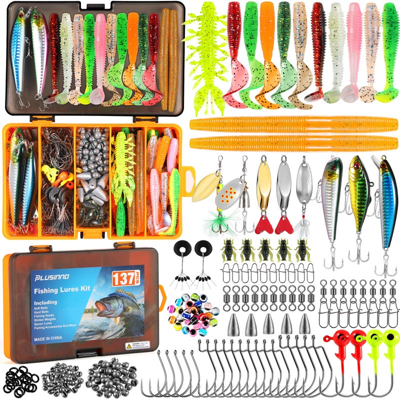 PLUSINNO Fishing Lures, 137Pcs Tackle Box with Tackle Included, Crankbaits, Spoon, Hooks, Weights & Other Accessories, Fishing Bait Lure Gear Kit Gift for Men Bass Freshwater - Image 1