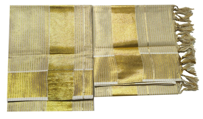 YETTALAN® Women's Kerala Traditional Gold Tissue Kasavu Set Mundu With Tassel 2.00x2.80 Meters (Small Line) - Image 2