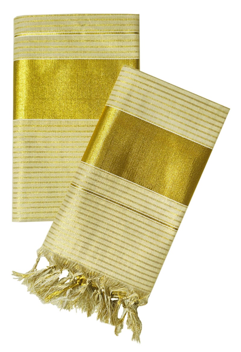 YETTALAN® Women's Kerala Traditional Gold Tissue Kasavu Set Mundu With Tassel 2.00x2.80 Meters (Small Line) - Image 1