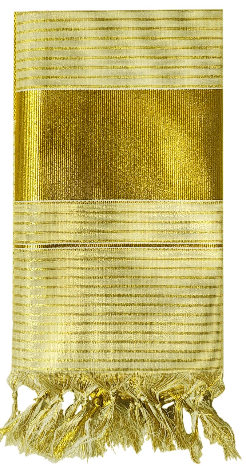 YETTALAN® Women's Kerala Traditional Gold Tissue Kasavu Set Mundu With Tassel 2.00x2.80 Meters (Small Line) - Image 3