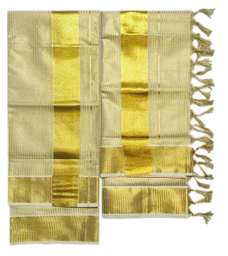 YETTALAN® Women's Kerala Traditional Gold Tissue Kasavu Set Mundu With Tassel 2.00x2.80 Meters (Small Line) - Image 4