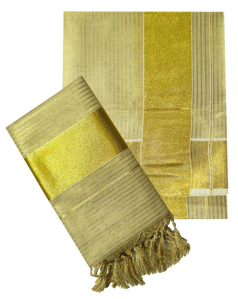 YETTALAN® Women's Kerala Traditional Gold Tissue Kasavu Set Mundu With Tassel 2.00x2.80 Meters (Small Line) - Image 5