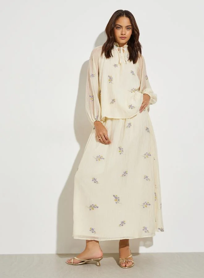 Styli Off White Embroidered Tie-Up Neck Blouse