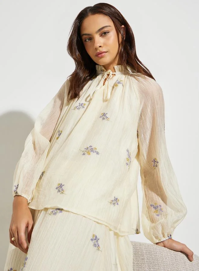 Styli Off White Embroidered Tie-Up Neck Blouse
