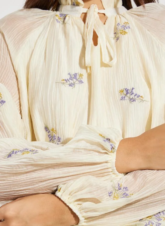 Styli Off White Embroidered Tie-Up Neck Blouse