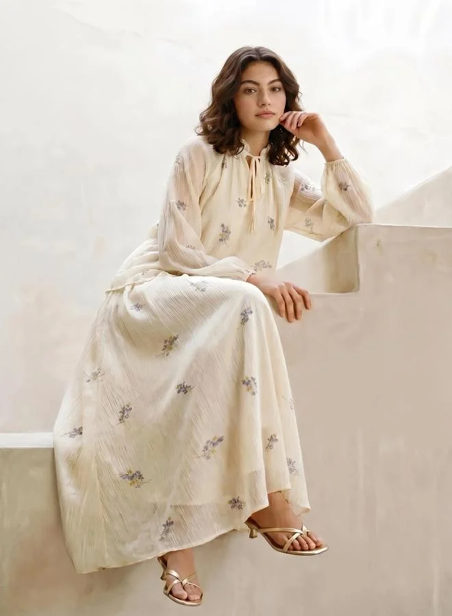 Styli Off White Embroidered Tie-Up Neck Blouse