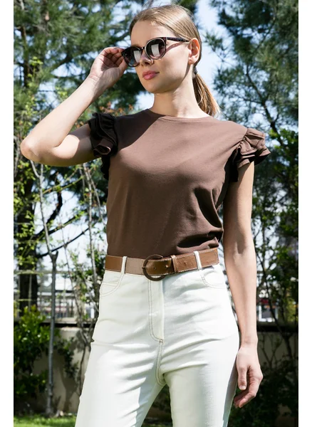 Lela Cotton Ruffled Sleeves Slim Fit Crew Neck T Shirt Women's T Shirt 5864500