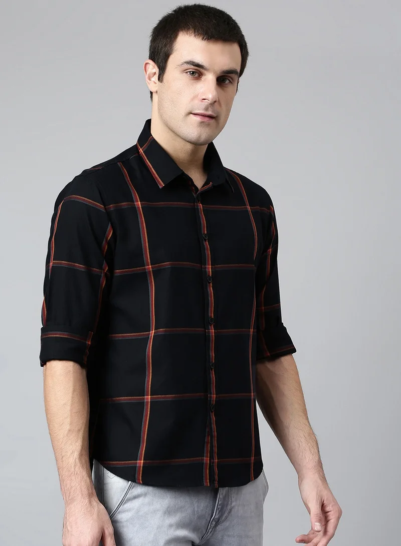 Dennis Lingo Slim Fit Black Men's Checked Shirt, Spread Collar, Full Sleeves, 100% Cotton,