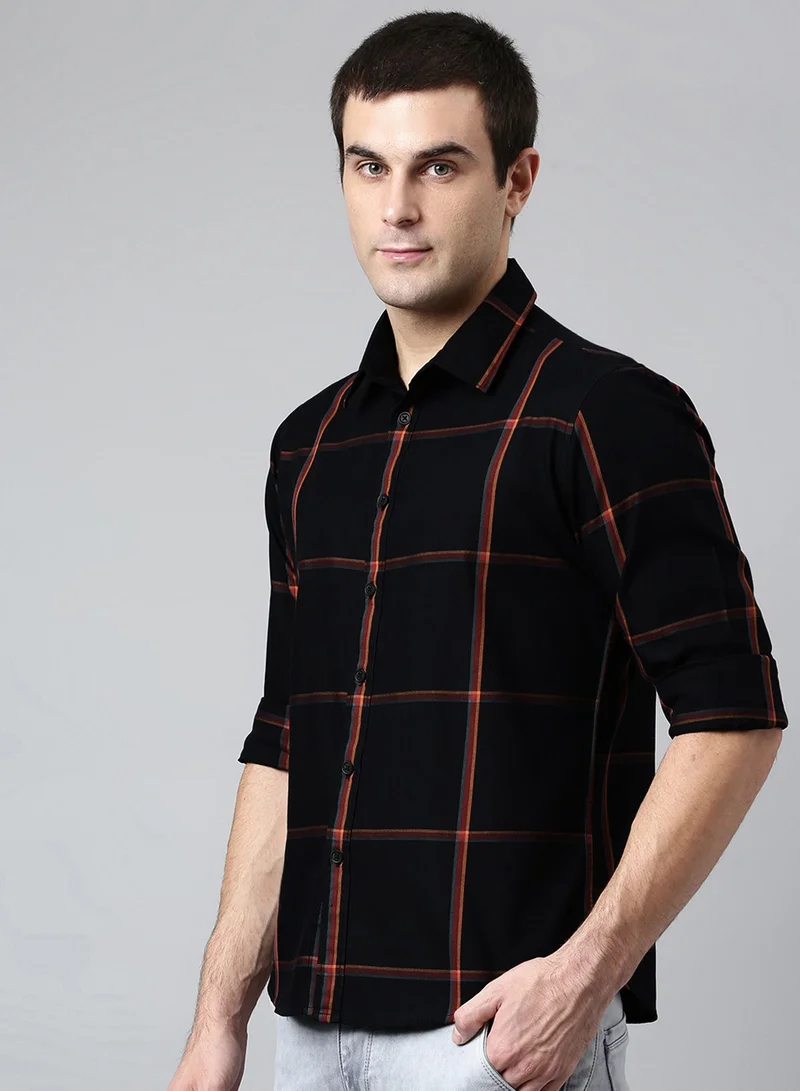 Dennis Lingo Slim Fit Black Men's Checked Shirt, Spread Collar, Full Sleeves, 100% Cotton,