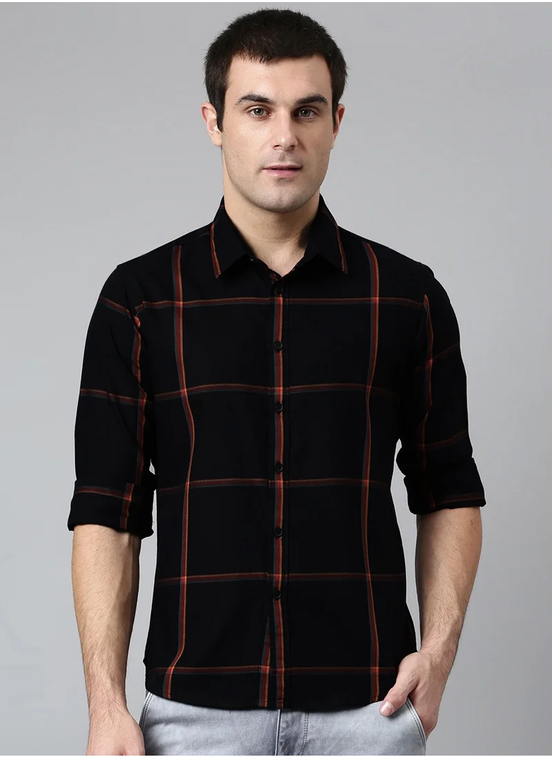 دينيس لينغو Slim Fit Black Men's Checked Shirt, Spread Collar, Full Sleeves, 100% Cotton