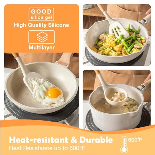 Carrot Silicone Spatula Set for Kitchen Ideal for Non-Stick Cooking Pans Spatulas with Wooden Handle Spatula Turner Serving Cooking Spoon Spatula Combs for Omelet Egg Dosa chapati (Cream) - Image 2