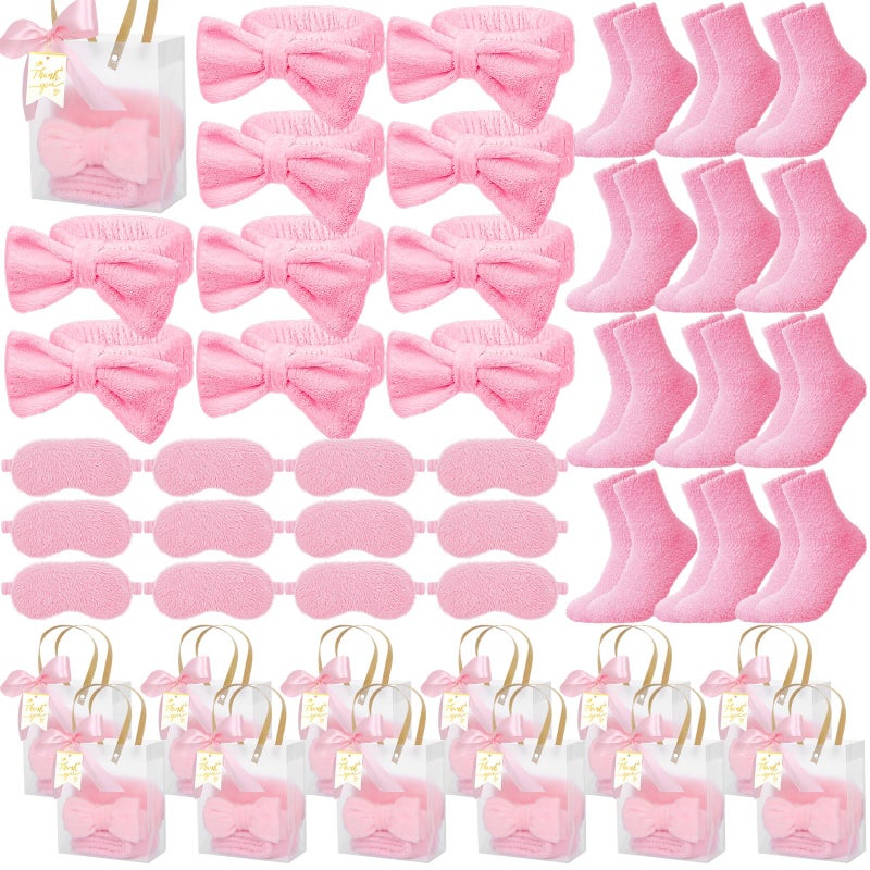 Chicingyou 48 Pcs Spa Sleepover Party Supplies 12 Bow Headband 12 Plush Sleep Eye Mask Covers 12 Pair Fuzzy Sock 12 Gift Bags for Sleeping Sleepover Slumber Baby Shower Wedding Party Gift(Pink) - Image 1