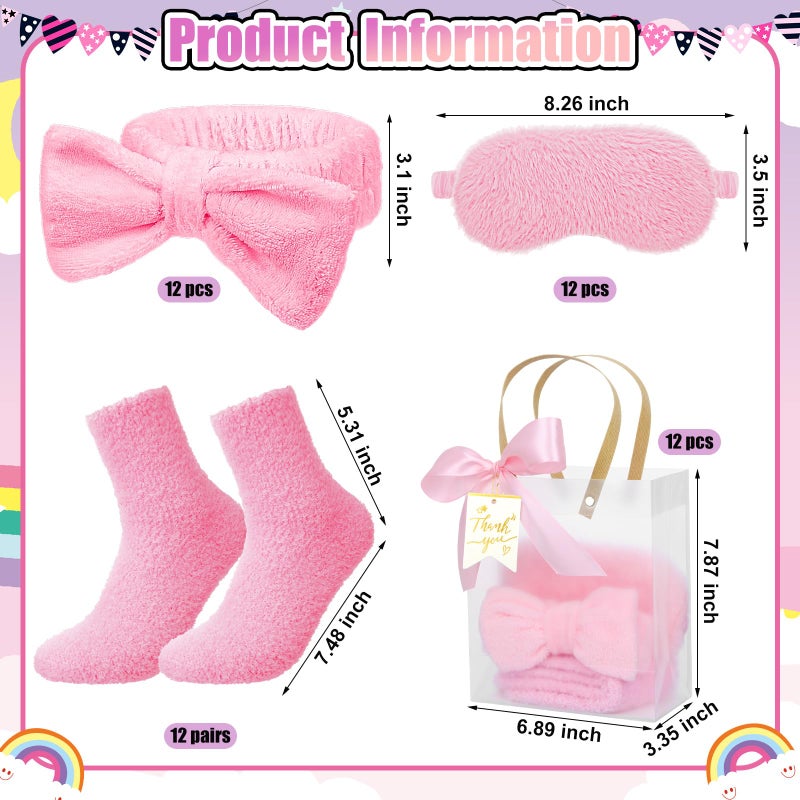 Chicingyou 48 Pcs Spa Sleepover Party Supplies 12 Bow Headband 12 Plush Sleep Eye Mask Covers 12 Pair Fuzzy Sock 12 Gift Bags for Sleeping Sleepover Slumber Baby Shower Wedding Party Gift(Pink) - Image 2