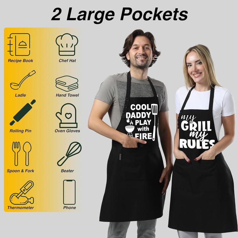 TOSHE Funny Apron Waterdrop Resistant Cotton Apron with adjustable Aprons for Women with Pockets 12 Color option Cooking (Black - My Grill My Rules) - Image 2