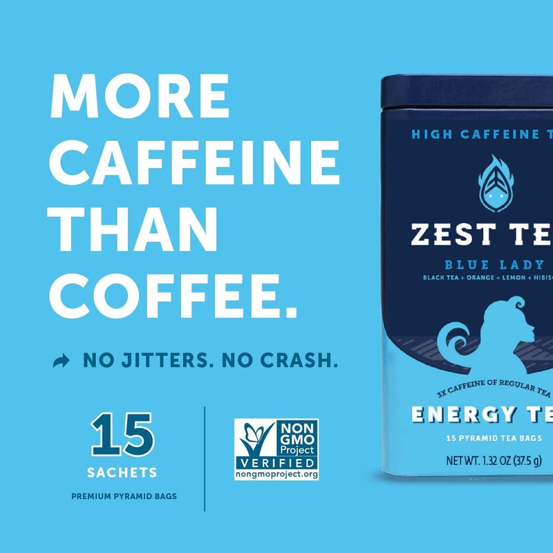 Zest Energy Tea Bags - Blue Lady Passion Fruit Black Tea - High Caffeine Tea for Morning Energy, Focus & Clarity - Natural Caffeinated Tea with 150mg Caffeine - 15Ct Box - Non-GMO & Keto Friendly - Image 2
