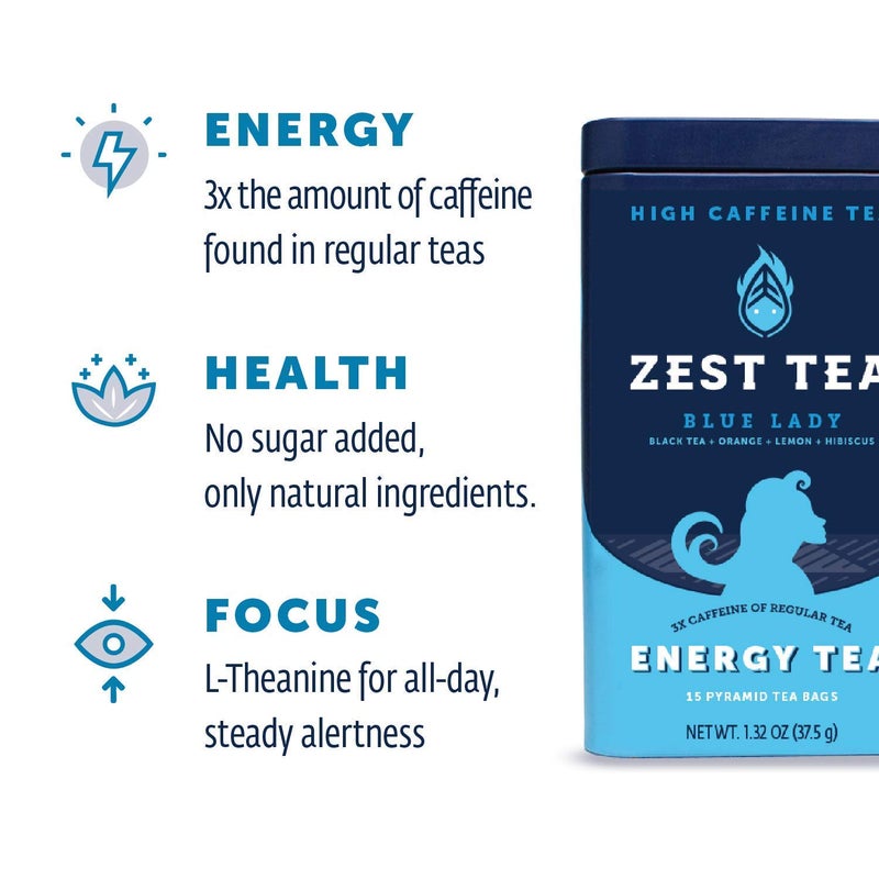 Zest Energy Tea Bags - Blue Lady Passion Fruit Black Tea - High Caffeine Tea for Morning Energy, Focus & Clarity - Natural Caffeinated Tea with 150mg Caffeine - 15Ct Box - Non-GMO & Keto Friendly - Image 3