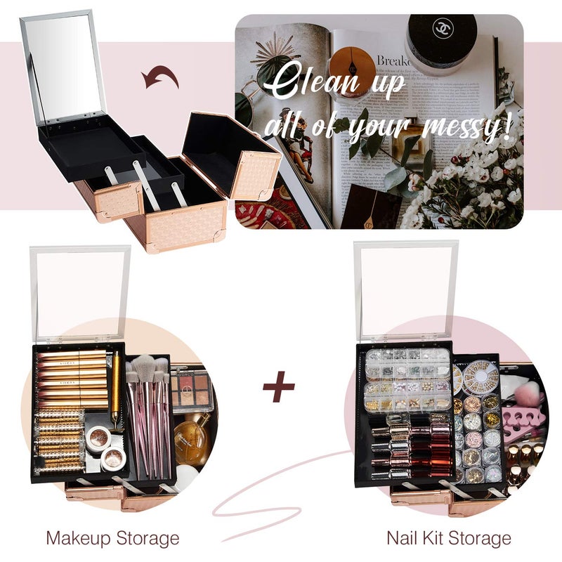 Joligrace حقيبة مكياج جوليغرايس للسيدات - صندوق تجميل محمول منظم للمجوهرات قابل للقفل مع مفاتيح ومرآة - درجين مع مقبض لحمل صندوق تخزين المكياج - وردي ذهبي - Image 3