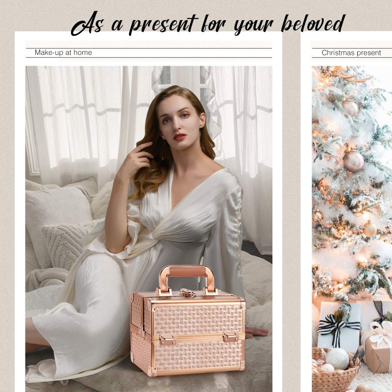 Joligrace حقيبة مكياج جوليغرايس للسيدات - صندوق تجميل محمول منظم للمجوهرات قابل للقفل مع مفاتيح ومرآة - درجين مع مقبض لحمل صندوق تخزين المكياج - وردي ذهبي - Image 2