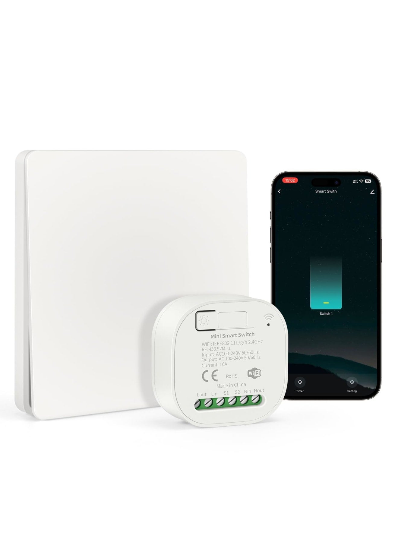 Smart Wall Light Switch, WiFi Smart Wireless Lights Switch Kit, 16A 250V 1-Way/ 2-Way(Switch&Receiver), No Wiring No Battery Waterproof Switch Compatible with Alexa & Google Assistant Timing Function