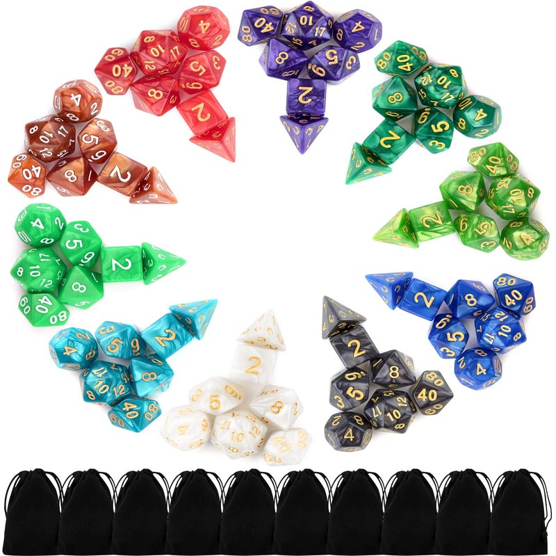 Awpeye 10 X 7 Polyhedral Dice Set (70 Pieces) for Dungeons and Dragons DND RPG MTG Table Games D4 D6 D8 D10 D% D12 D20 with 10 Pack Black Bags, 10 Colors - Image 1