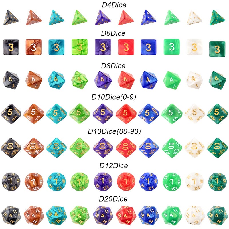 Awpeye 10 X 7 Polyhedral Dice Set (70 Pieces) for Dungeons and Dragons DND RPG MTG Table Games D4 D6 D8 D10 D% D12 D20 with 10 Pack Black Bags, 10 Colors - Image 5