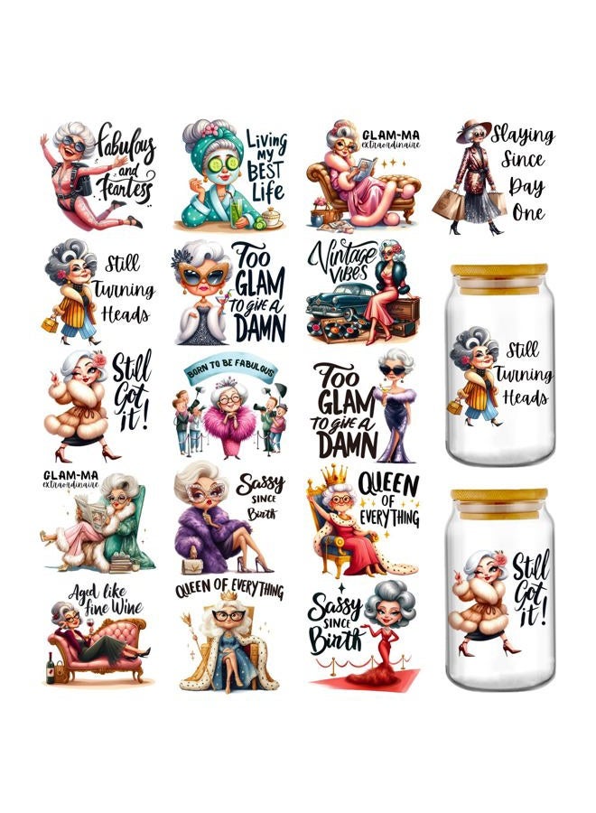 AFRITEE Cute Grandma UV DTF Stickers - 16 Sheets Funny Grandmother UV DTF Cup Wraps for 16 20 oz Tumbler, Fun Grandma Transfer Sticker Decal Grandson Shun Girl DIY Water Bottle Gift for Granny - Image 1