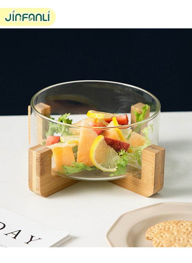 JINFANLI Simple Glass Bowl Salad Serving Bowl Wooden Base Environmental Protection for Fruits Biscuits，Room Dexoration - Image 2