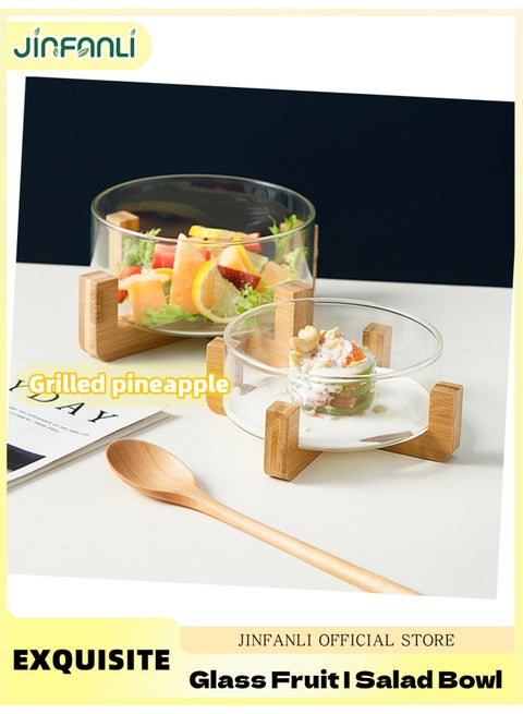 Simple Glass Bowl Salad Serving Bowl Wooden Base Environmental Protection for Fruits Biscuits，Room Dexoration
