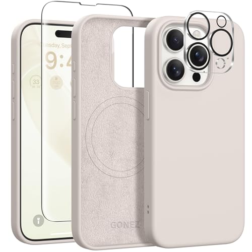 GONEZ for iPhone 15 Pro Max Case Silicone, Compatible with Magsafe, Camera Protector + Screen Protector, Soft Anti-Scratch Microfiber Lining, Liquid Silicone Shockproof Phone Cover, Stone - Image 1