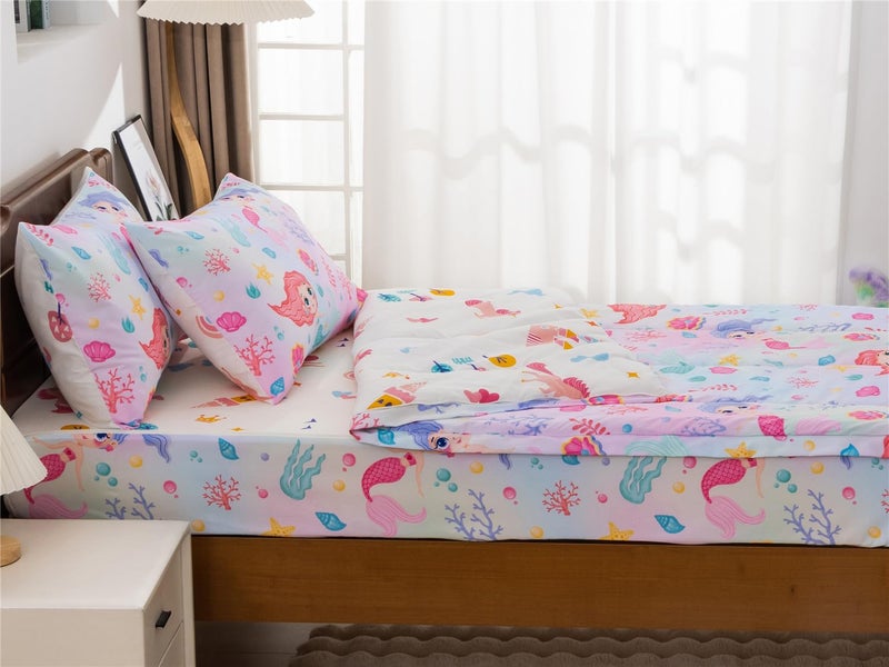 NTBED مجموعة أغطية سرير بطبعة حورية البحر NTBED بتصميم سحاب خفيف الوزن للأطفال الفتيات مع ملاءة مطابقة وأغطية وسائد، متعدد الألوان - Image 3