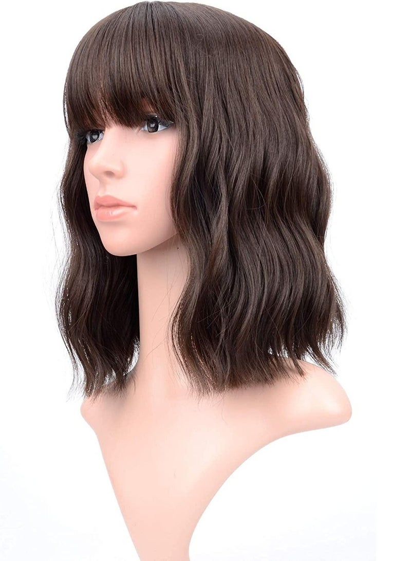 شعر مستعار مموج طبيعي مع دوي هوائية قصيرة شعر مستعار بوب للنساء طول الكتف باروكات شعر مستعار مجعد مموج تأثيري شعر مستعار بوب للبنات بني طبيعي