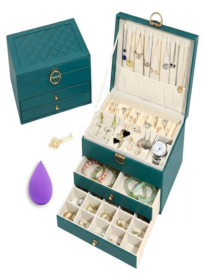 OCEANEVO 3 Layer Jewellery Organisers Box with Lock AND Makeup Sponge, Vegan PU Leather Jwell Organizer Storage Box for Rings, Earrings, Necklace - 23 x 17.2 x 13.5 Cm - Green - 1 Year Warranty - Image 1