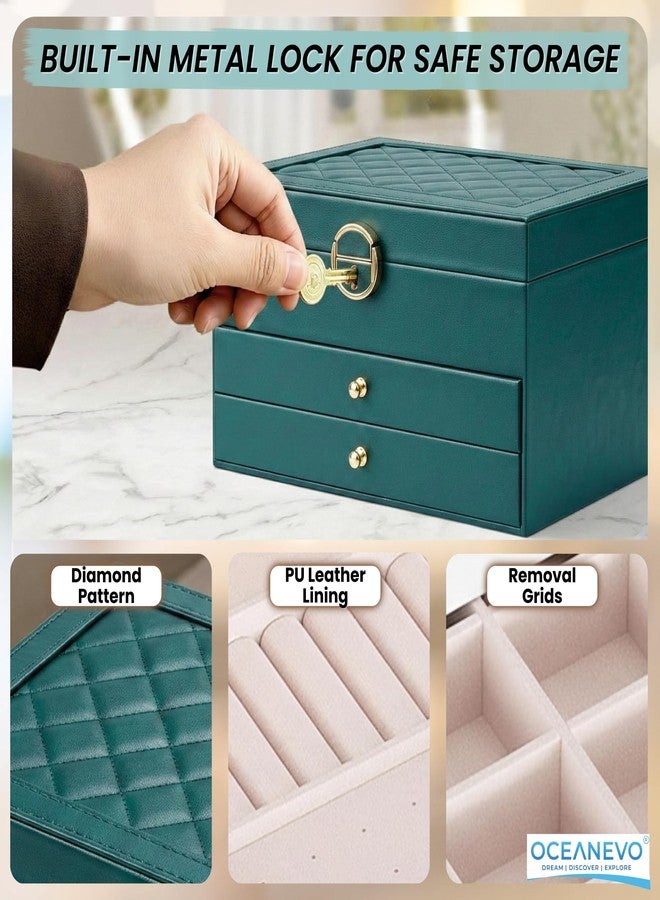 OCEANEVO 3 Layer Jewellery Organisers Box with Lock AND Makeup Sponge, Vegan PU Leather Jwell Organizer Storage Box for Rings, Earrings, Necklace - 23 x 17.2 x 13.5 Cm - Green - 1 Year Warranty - Image 3