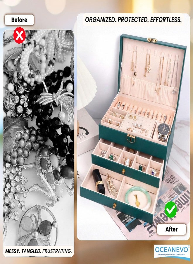 OCEANEVO 3 Layer Jewellery Organisers Box with Lock AND Makeup Sponge, Vegan PU Leather Jwell Organizer Storage Box for Rings, Earrings, Necklace - 23 x 17.2 x 13.5 Cm - Green - 1 Year Warranty - Image 5