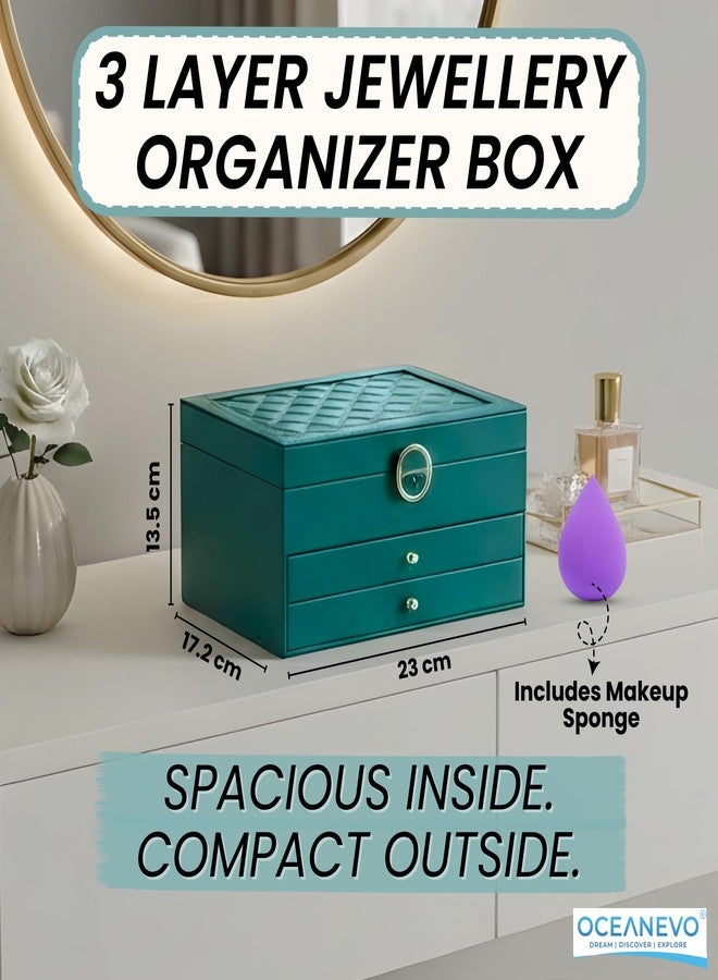 OCEANEVO 3 Layer Jewellery Organisers Box with Lock AND Makeup Sponge, Vegan PU Leather Jwell Organizer Storage Box for Rings, Earrings, Necklace - 23 x 17.2 x 13.5 Cm - Green - 1 Year Warranty - Image 2