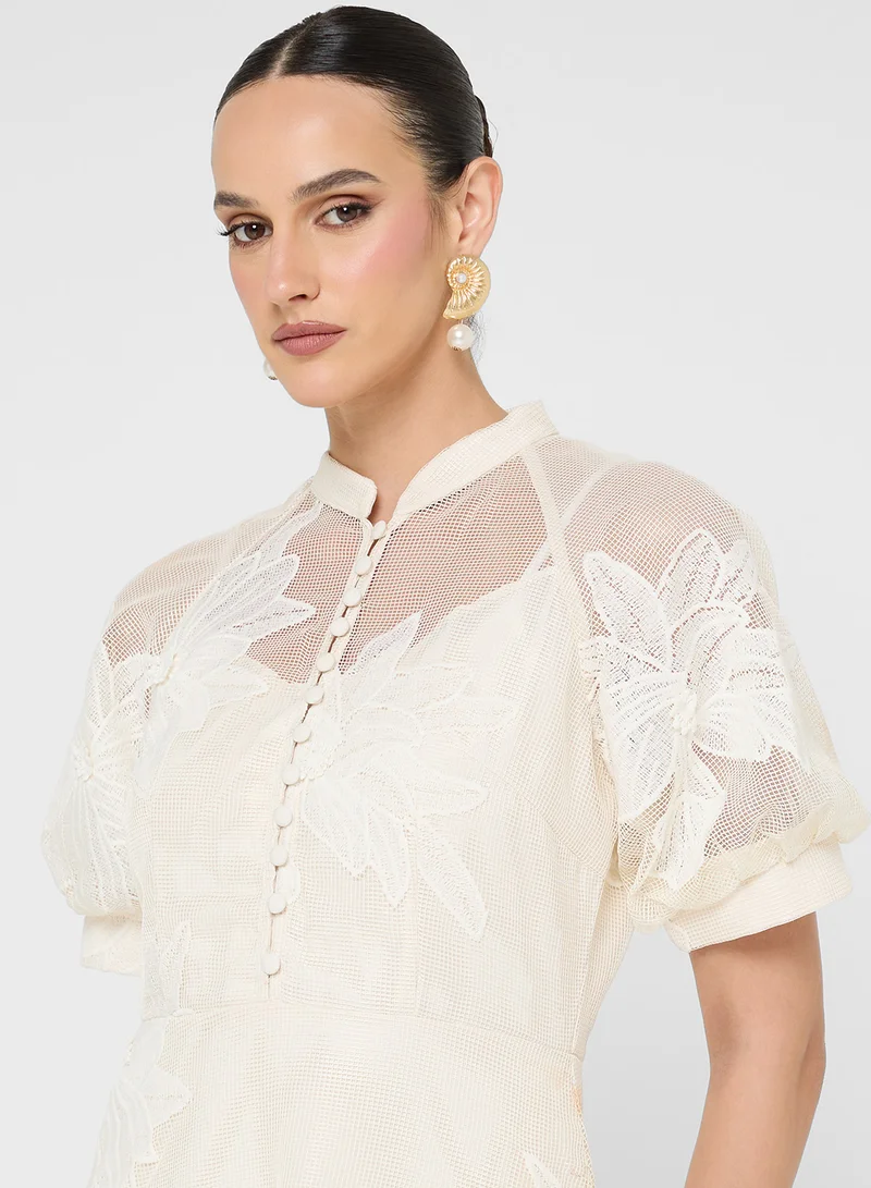 Khizana Floral Embroidered Dress With Puff Sleeves
