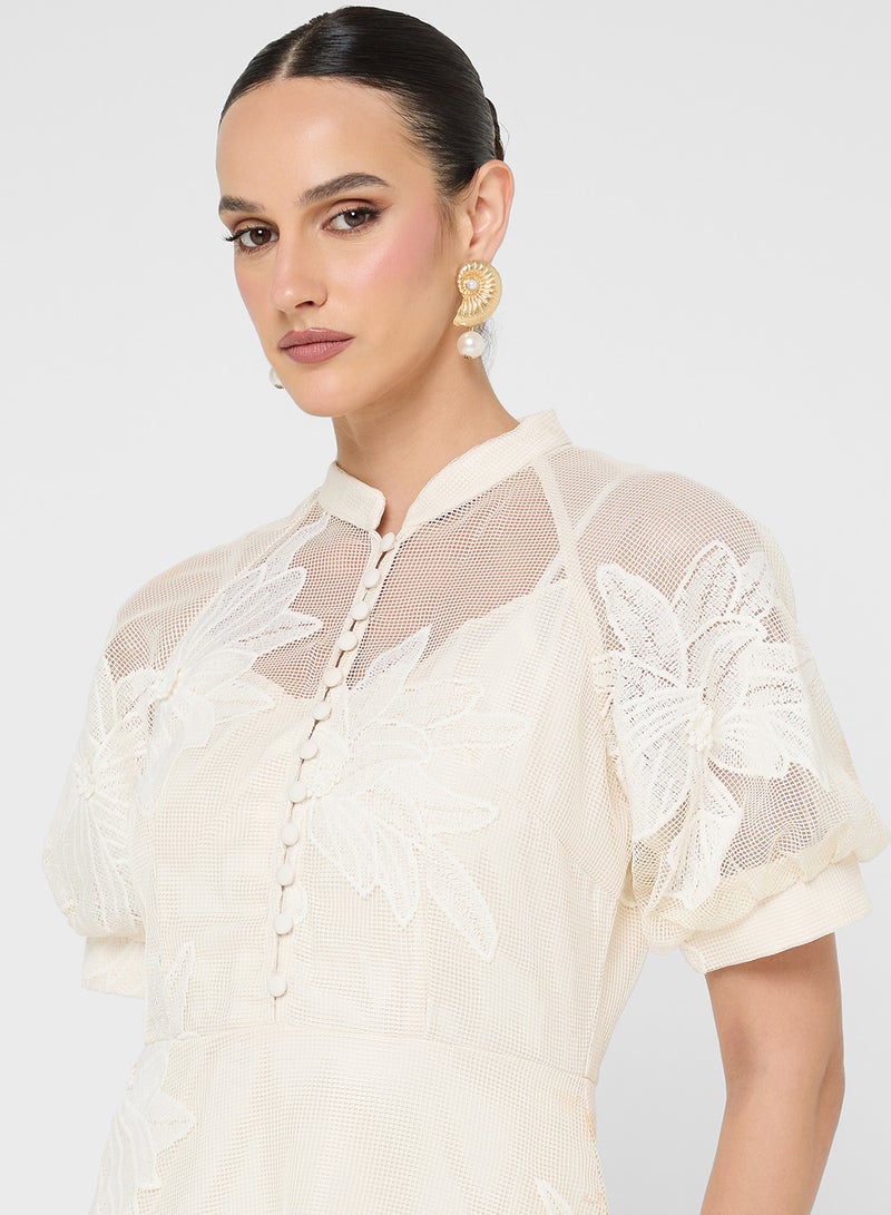 Khizana Floral Embroidered Dress With Puff Sleeves - Image 3