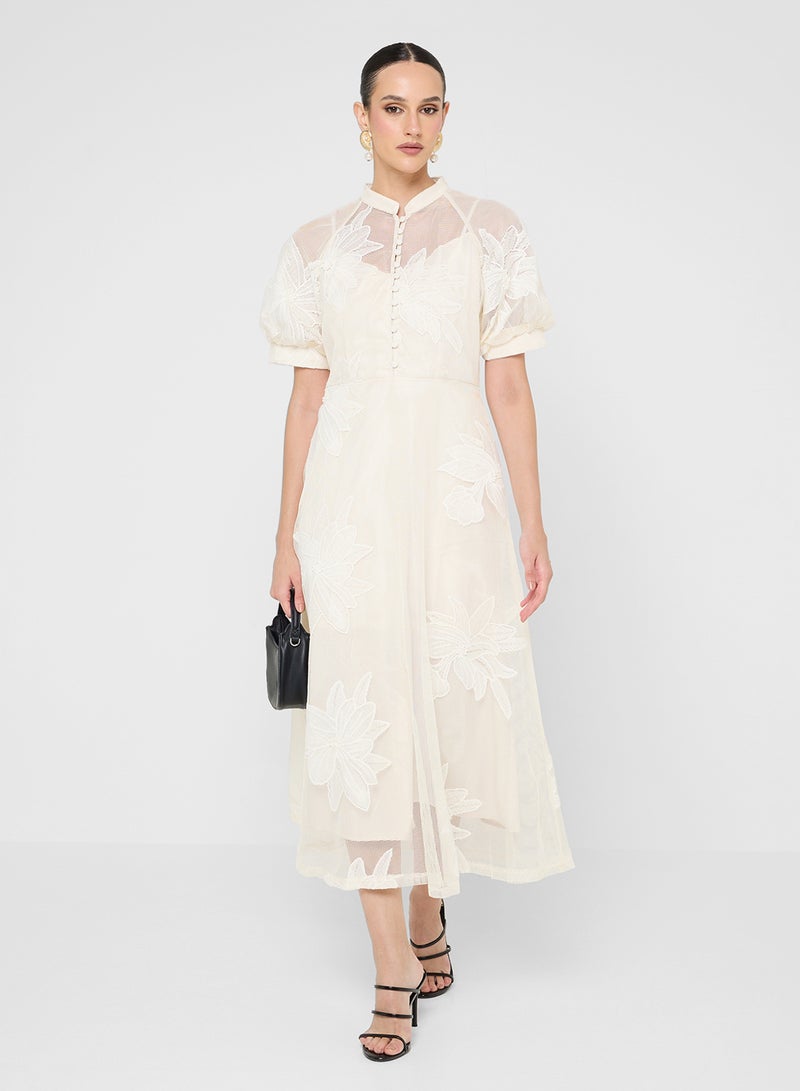 Khizana Floral Embroidered Dress With Puff Sleeves - Image 1